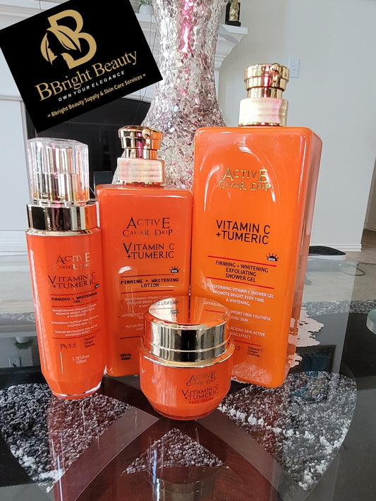 Active Caviar Drip Vitamin C+Tumeric Brightening Lotion Set (Lotion,oil,face cream,shower bath)