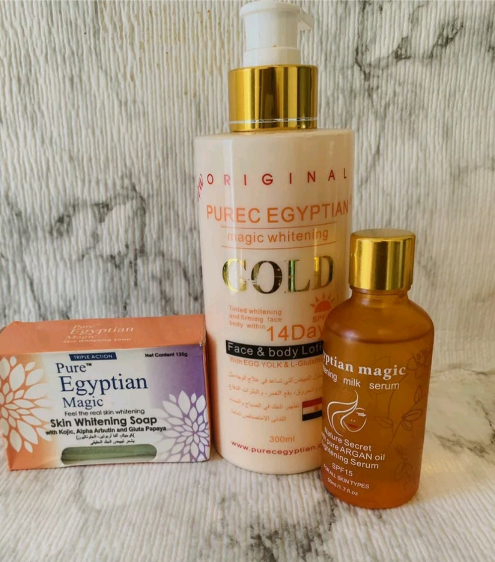 Pure Egyptian magic whitening gold set(lotion,serum,soap)